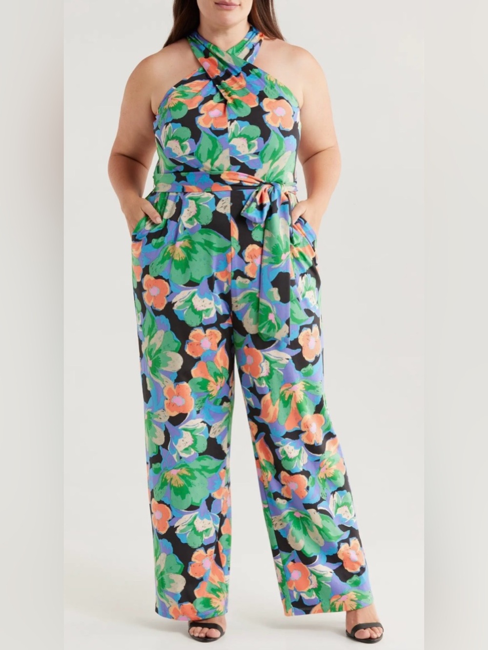 NWT Tahari ASL Floral Twist Neck Tie Waist Wide Leg Jumpsuit Size 18W